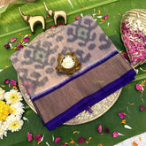 Vriksham Handwoven Pochampally Beige & Grey Tribal Motifs With Deep Blue Border Ikkat Silk-Cotton Saree-VS4734